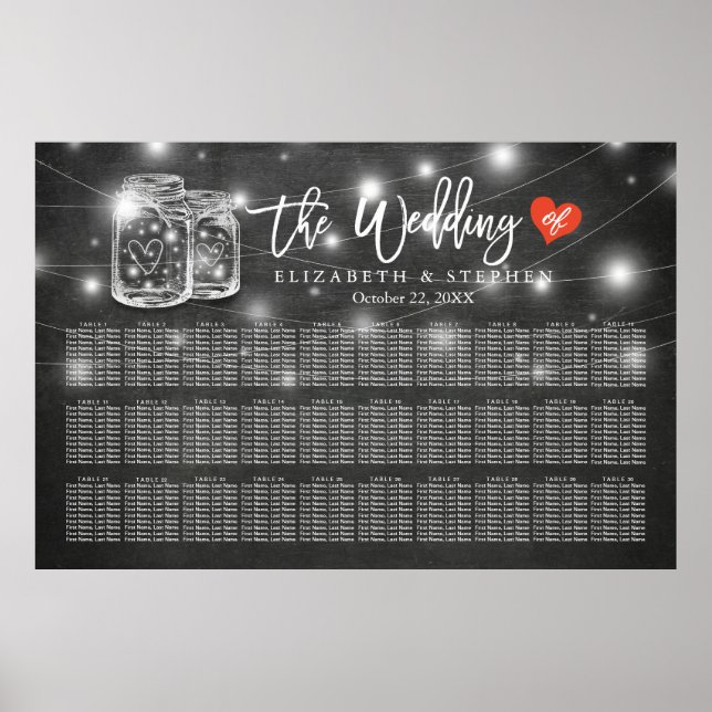 Póster Más de 30 Tablas Boda Gráfico de asientos Mason Ja (Frente)