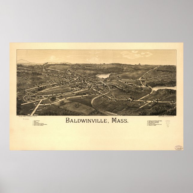 Póster Masa Baldwinville. Mapa Panorámico Antiguo de 1886 (Frente)