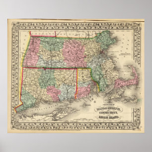 Póster Masa, Conn, mapa de RI de Mitchell