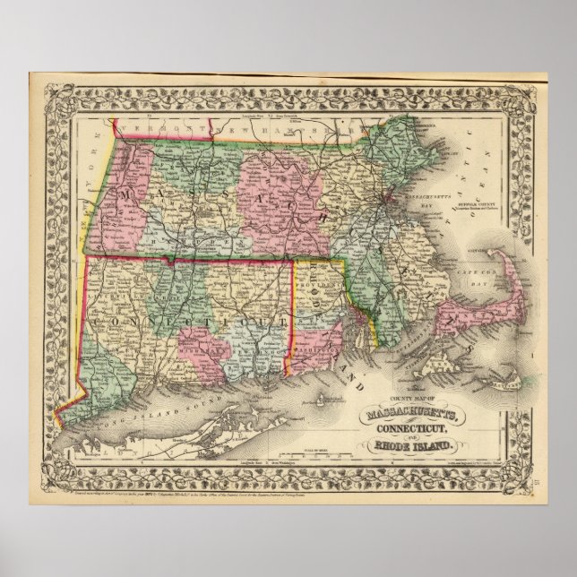 Póster Masa, Conn, mapa de RI de Mitchell (Frente)