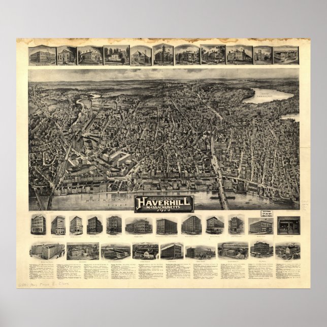 Póster Masa Haverhill. Mapa Panorámico Antiguo de 1914 (Frente)
