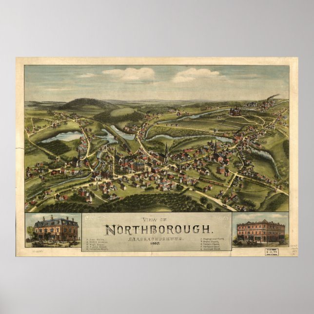 Póster Masa Northborough. Mapa Panorámico Antiguo de 1887 (Frente)