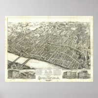 Masa Springfield. Mapa Panorámico Antiguo de 1875