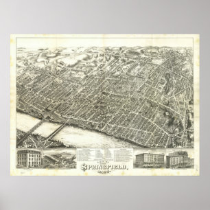 Póster Masa Springfield. Mapa Panorámico Antiguo de 1875