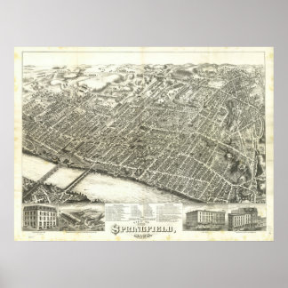 Póster Masa Springfield. Mapa Panorámico Antiguo de 1875