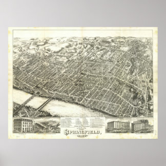 Póster Masa Springfield. Mapa Panorámico Antiguo de 1875