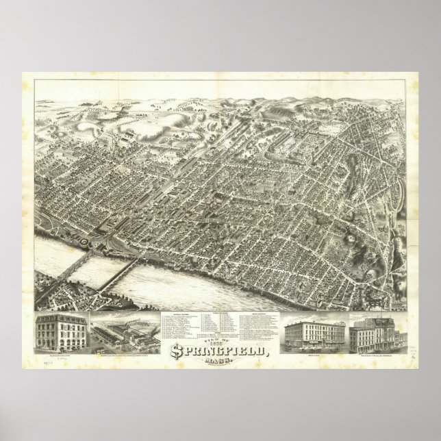 Póster Masa Springfield. Mapa Panorámico Antiguo de 1875 (Frente)