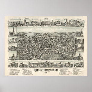 Póster Masa Westborough. Mapa Panorámico Antiguo de 1888