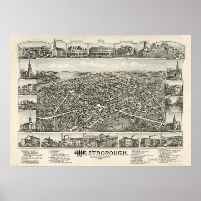 Póster Masa Westborough. Mapa Panorámico Antiguo de 1888 (Frente)