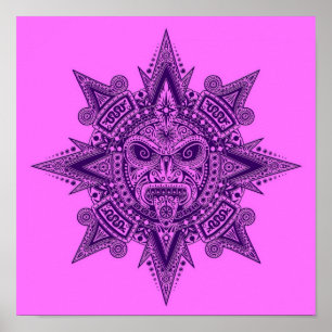 Póster Máscara azteca Sun morada y rosa