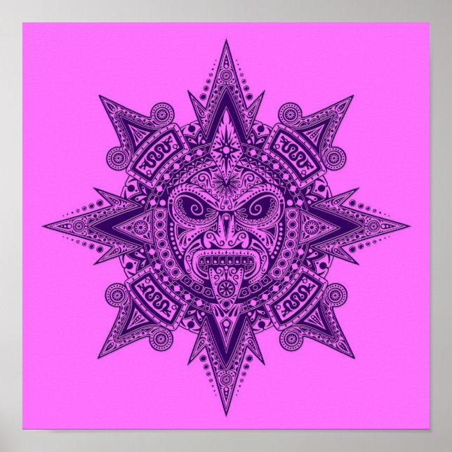 Póster Máscara azteca Sun morada y rosa (Frente)