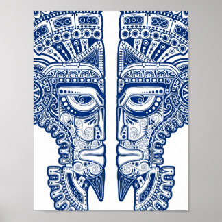 Póster Máscara azul de gemelos mayas con ilusión de blanc