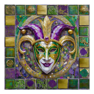 Póster Máscara de bufón de Mardi Gras verde púrpura dorad