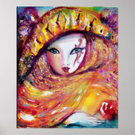 PÓSTER MÁSCARA DE CARNAVAL EN AMARILLO CON ROSA ROJA