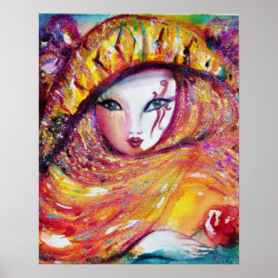 PÓSTER MÁSCARA DE CARNAVAL EN AMARILLO CON ROSA ROJA