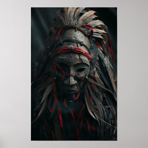 Póster Máscara de chamán marrón con plumas y Poster rojo