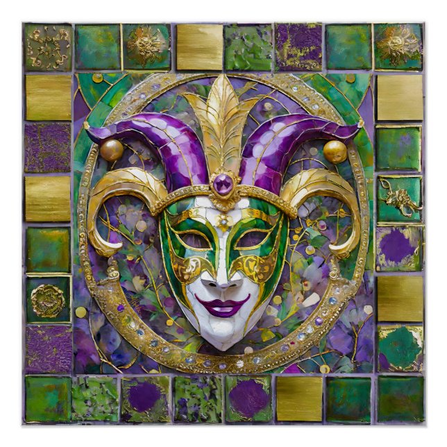 Póster Máscara de Jester Mardi Gras verde dorado (Anverso)