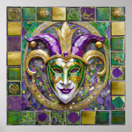 Póster Máscara de Jester Mardi Gras verde dorado