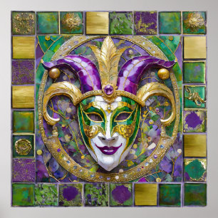 Póster Máscara de Jester Mardi Gras verde dorado