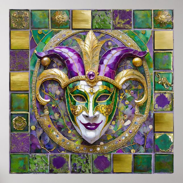 Póster Máscara de Jester Mardi Gras verde dorado (Frente)