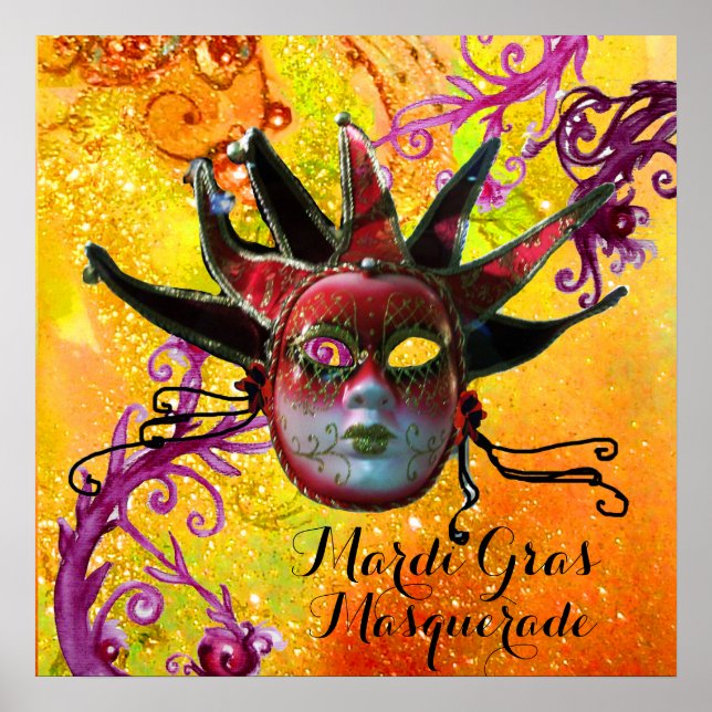 Póster MÁSCARA DE JESTER NEGRO Y ROJO, Fiesta de Mascarad (Frente)