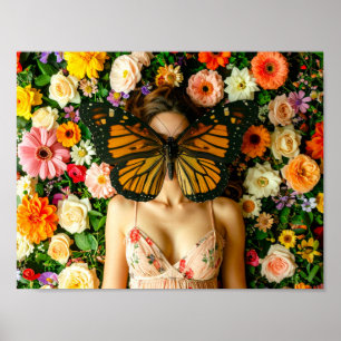 Póster Máscara de mariposa surrealista en jardín florido