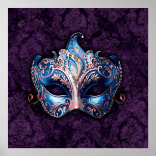 Póster Máscara de Mascarada Azul Elegante