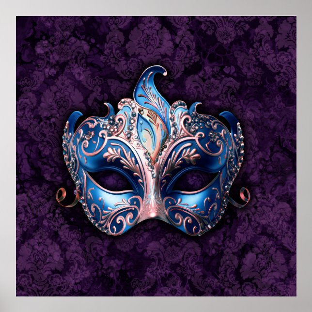 Póster Máscara de Mascarada Azul Elegante (Frente)