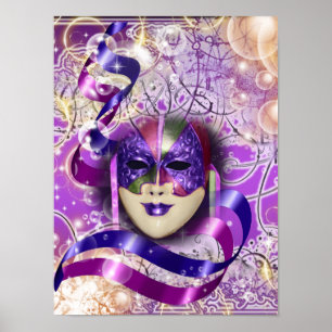 Póster Máscara de mascarada veneciana morado rosa