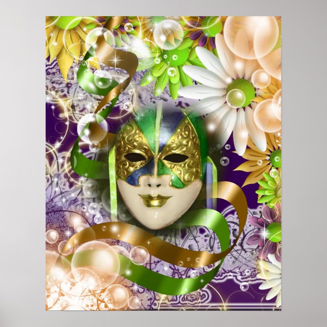Póster Máscara de mascarada veneciana púrpura verde (Frente)