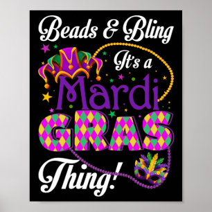 Póster Máscara de plumas y cuentas de Mardi Gras y brillo