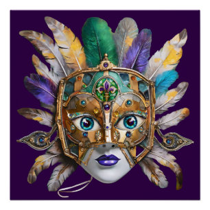 Póster Máscara de plumas y metal de Mardi Gras