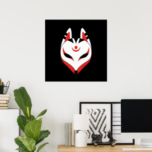 Póster Mascara Japonesa de Zorro Kitsune sobre Negro