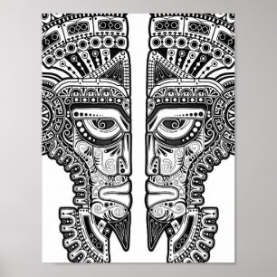 Póster Máscara maya negra de los gemelos en blanco