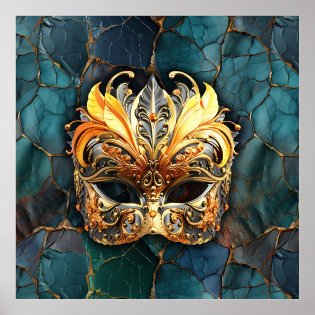 Póster Máscara, plumas y fondo Verde azulado texturado (Frente)