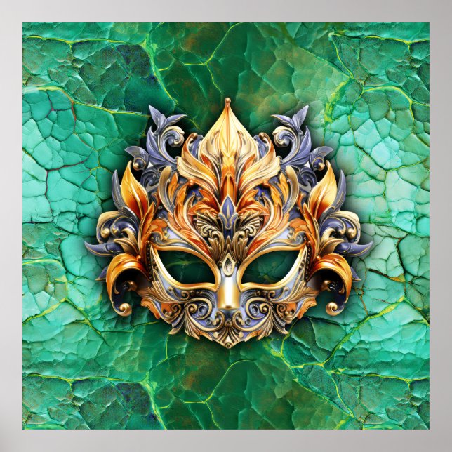 Póster Máscara veneciana embellecida sobre verde brillant (Frente)