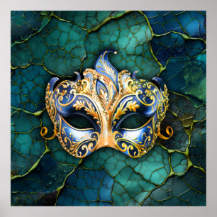 Póster Máscara veneciana sobre fondo Verde azulado-azul