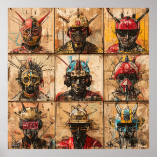 Póster Máscaras de guerrero futurista en cuadrícula abstr