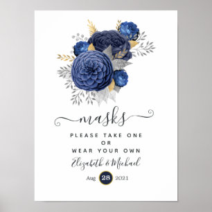 Póster Máscaras faciales de boda florales azules, doradas