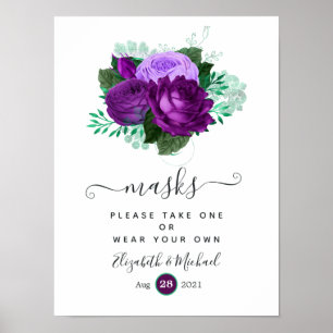 Póster Máscaras faciales de boda florales púrpura y verde