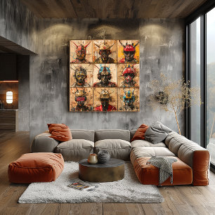 Póster Máscaras futuristas de guerreros en cuadrícula abs