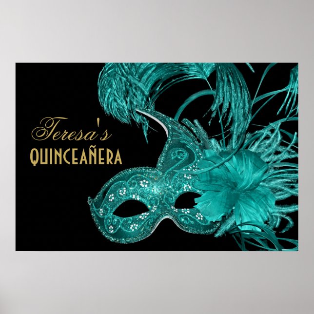 Póster Mascareta turquesa de cumpleaños de quinceañera (Frente)