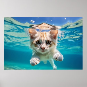 Póster Mascota de gato Diversión animal jugar al agua al 