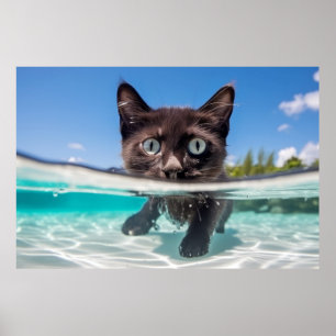 Póster Mascota de gato Diversión animal jugar al agua al