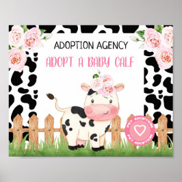 Póster Mascota de la vaca floral rosada Adopción Cumpleañ