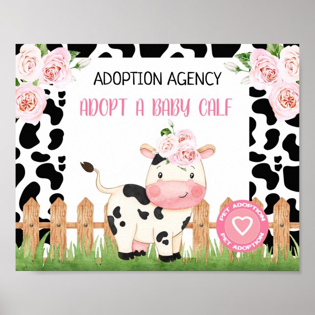 Póster Mascota de la vaca floral rosada Adopción Cumpleañ (Frente)
