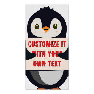Póster Mascota de pingüino sosteniendo un cartel para tex