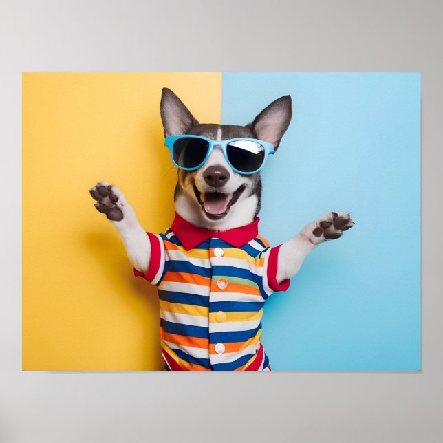 Póster Mascota excitado en gafas de sol elegantes y equip (Frente)
