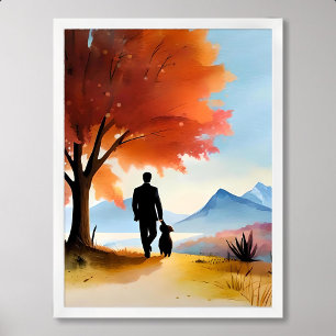 Póster mascota pintando perro caminando árbol de montaña 