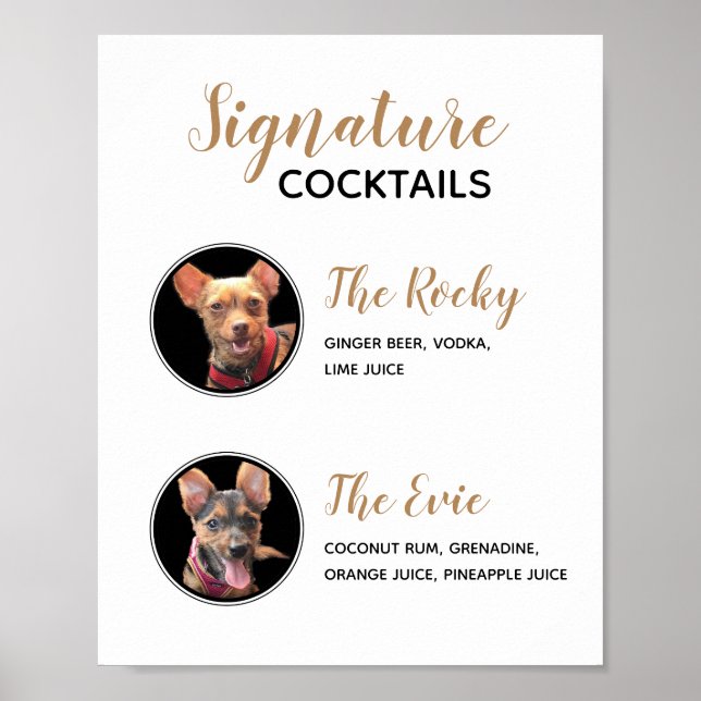 Póster Mascotas Signature Bebidas Boda Cocktail Menú (Frente)